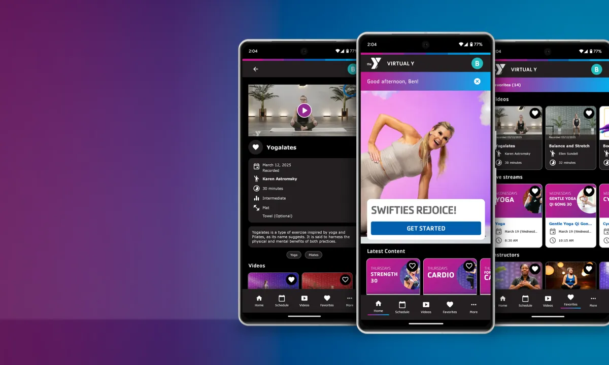 Virtual Y app screens on a gradient background